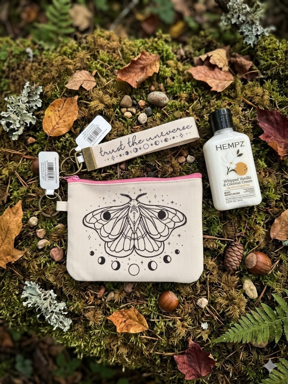 Hempz lotion & Natural Canvas Moth Wristlet Pouch with wristlet strap!